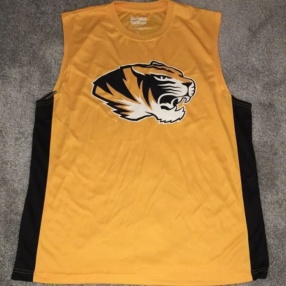 Gold & Black Missouri Tigers Tank Sleeveless work out gym t shirt L mens Poly